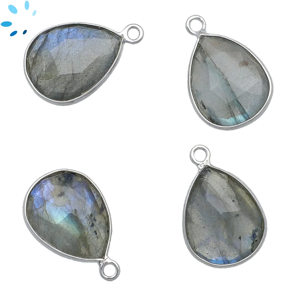Labradorite Pear Bezel Pendant Charm 15x12mm - Platinum Plated Sterling Silver - Set of 4