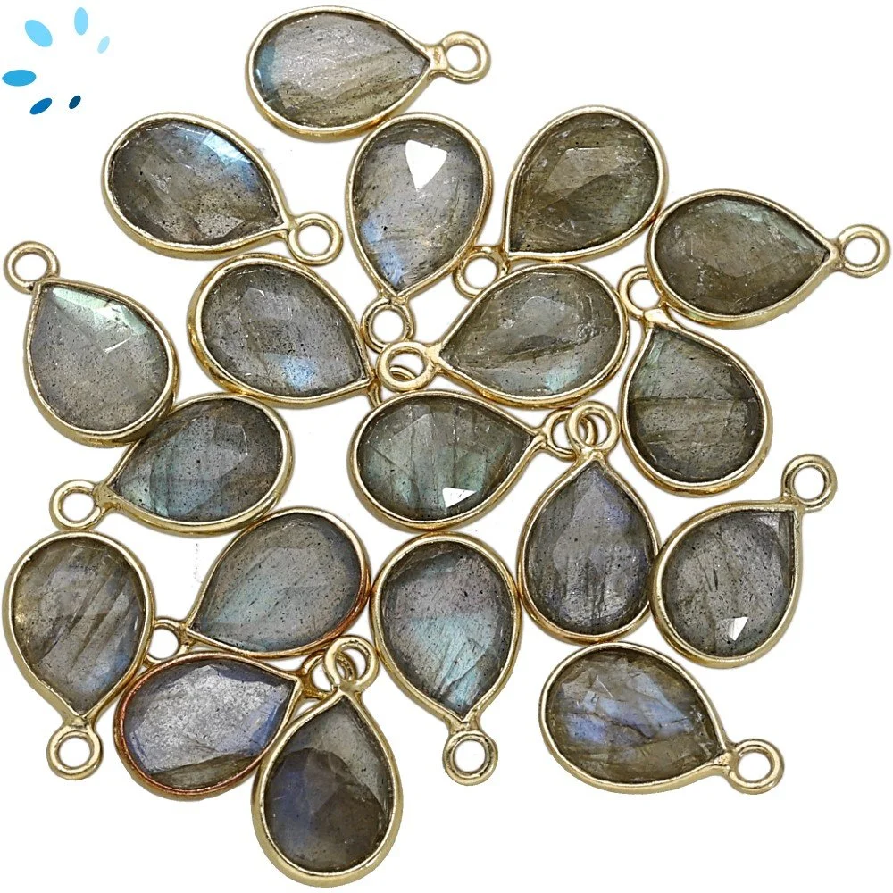 Labradorite Pear Bezel Pendant Charm 9x7mm - 18k Gold Plated Sterling Silver - Set of 4