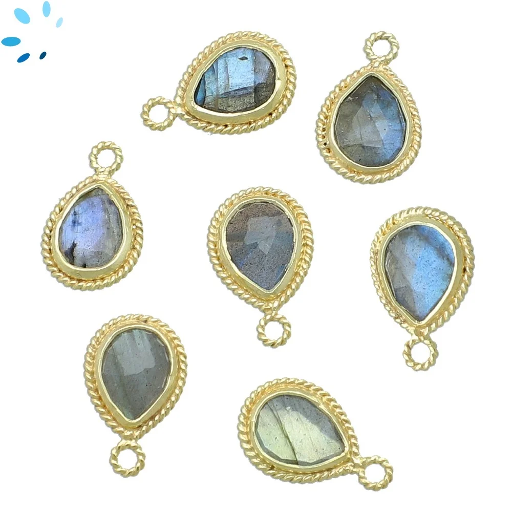 Labradorite Pear Twisted Wire Bezel Pendant Charm 11x9mm - 18k Gold Plated Sterling Silver - Set of 4