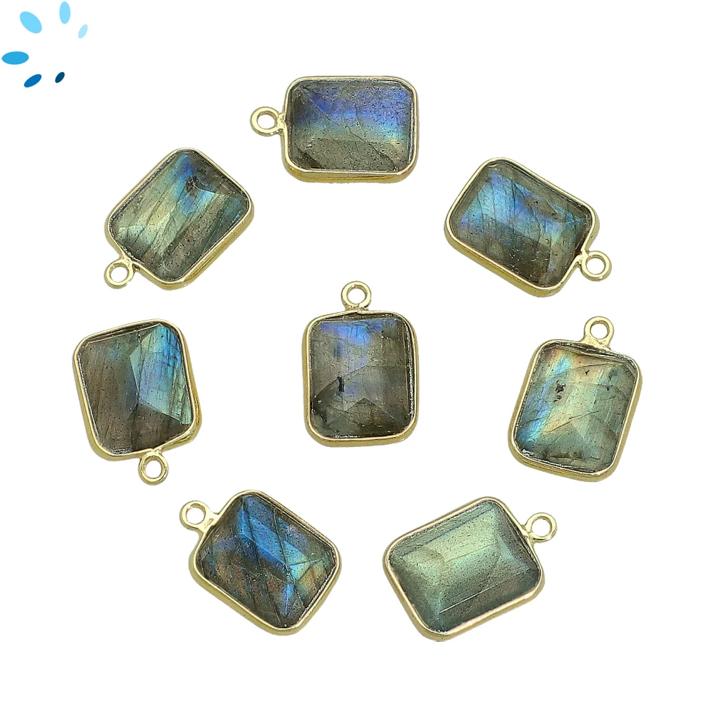 Labradorite Rectangle Bezel Charm Pendant 14x10mm - 18k Gold Plated Sterling Silver - Set of 4