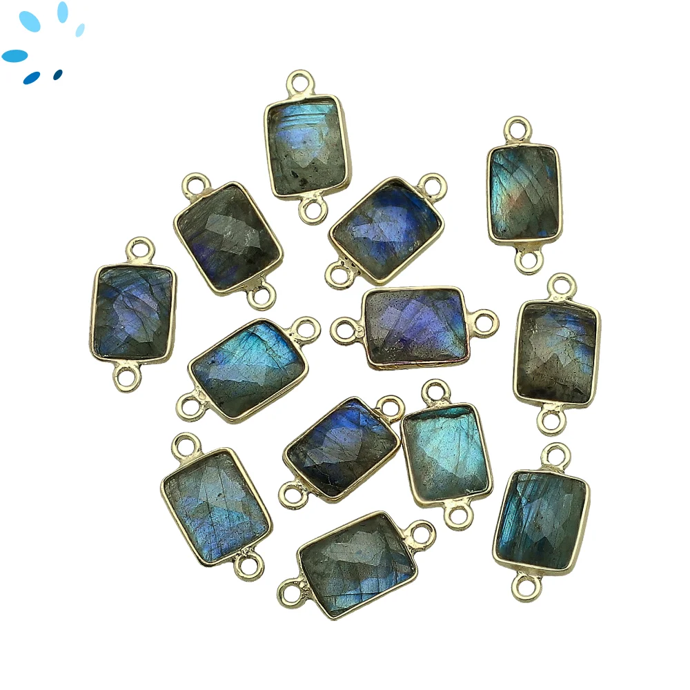 Labradorite Rectangle Bezel Connector 11x9mm - 18k Gold Plated Sterling Silver - Set of 4