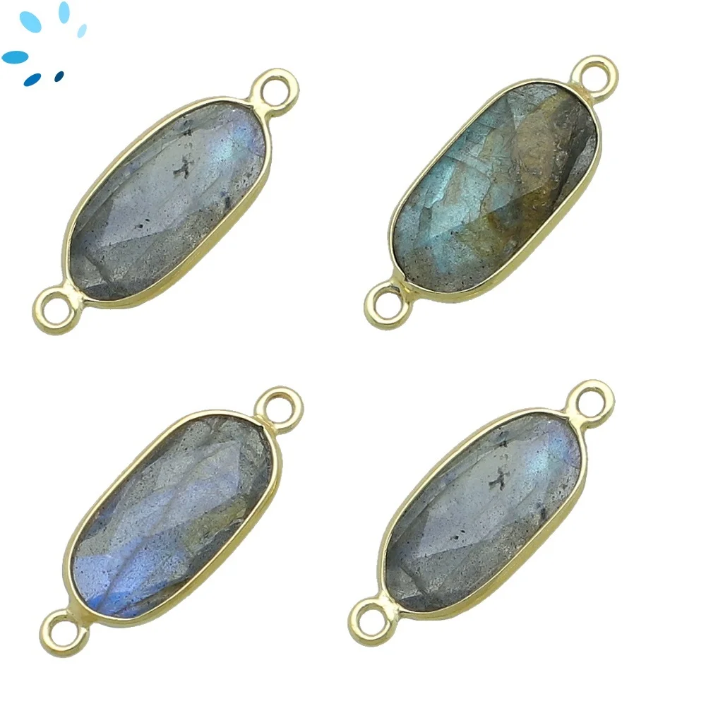 Labradorite Rectangle Bezel Connector 16x7 - 18x8mm - 18k Gold Plated Sterling Silver - Set of 4