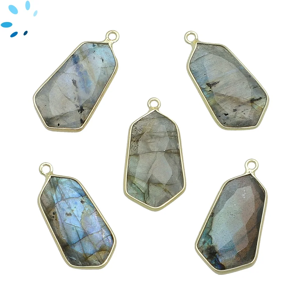 Labradorite Shield Bezel Charm Pendant 23x13mm - 18k Gold Plated Sterling Silver - Set of 2