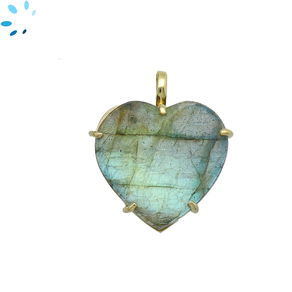 Labradorite Slab Heart Prong-Set Pendant Charm 20mm - 18k Gold Plated Sterling Silver  - 1 Piece