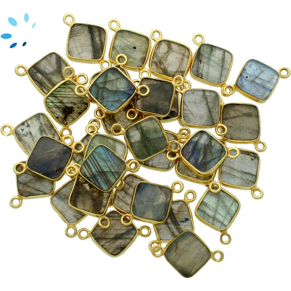 Labradorite Square Bezel Connector 10mm - 18k Gold Plated Sterling Silver - Set of 4