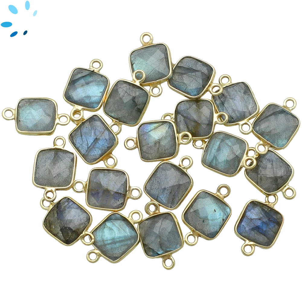 Labradorite Square Bezel Connector 9mm - 18k Gold Plated Sterling Silver - Set of 4