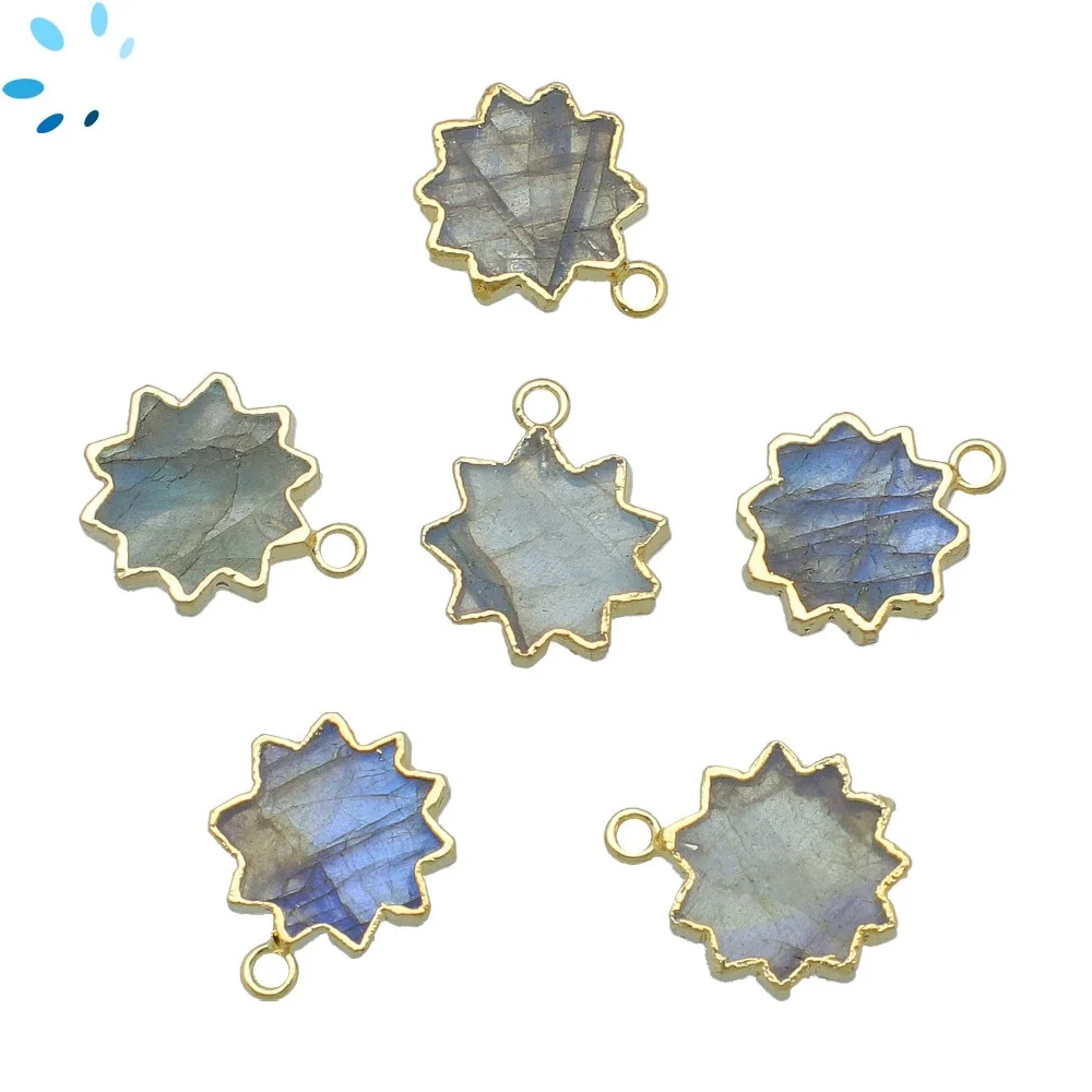 Labradorite Sun Pendant Charm 13mm 18k Gold Electroplated - Set of 2