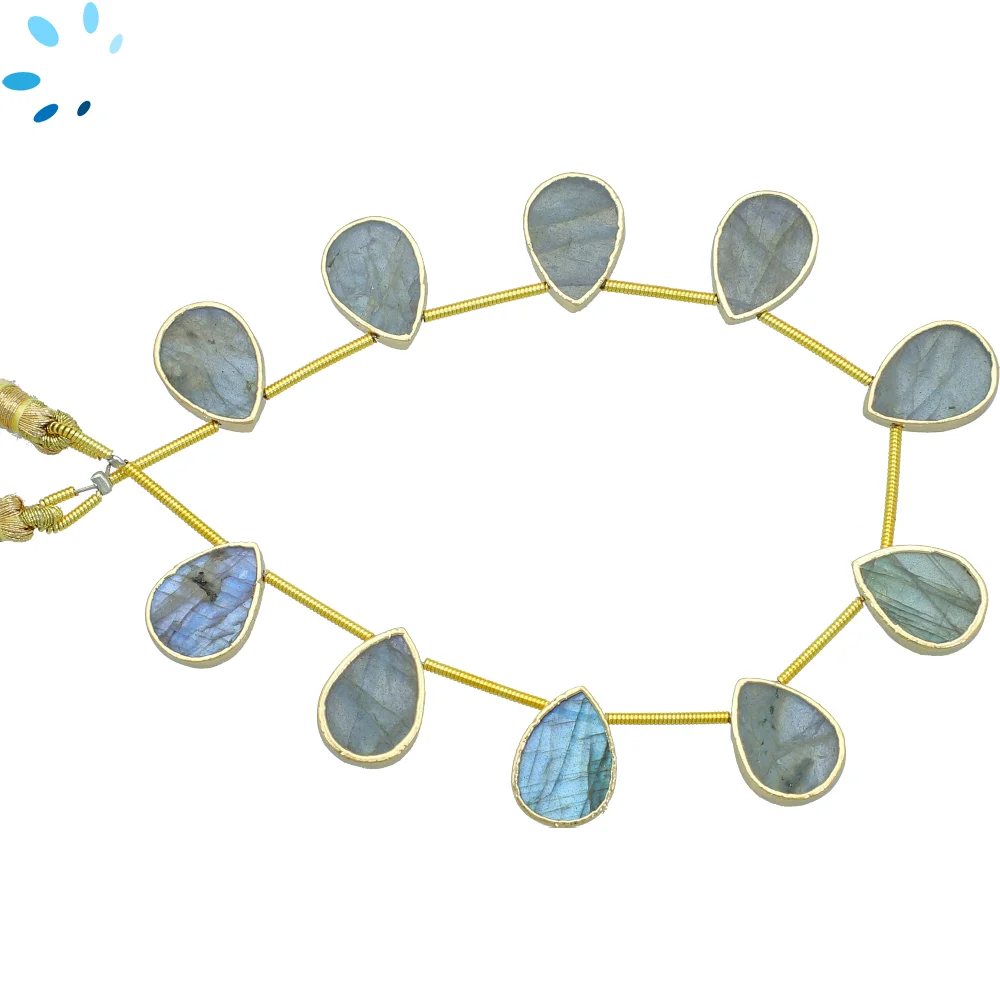 Labradorite Top Drilled Pear Beads 14x10 - 16x12mm - 18k Gold Electroplated