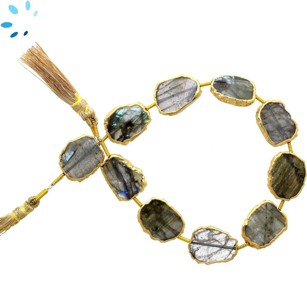 Labradorite Top to Bottom Drilled Slice Beads 15x11 - 17x13mm - 18k Gold Electroplated