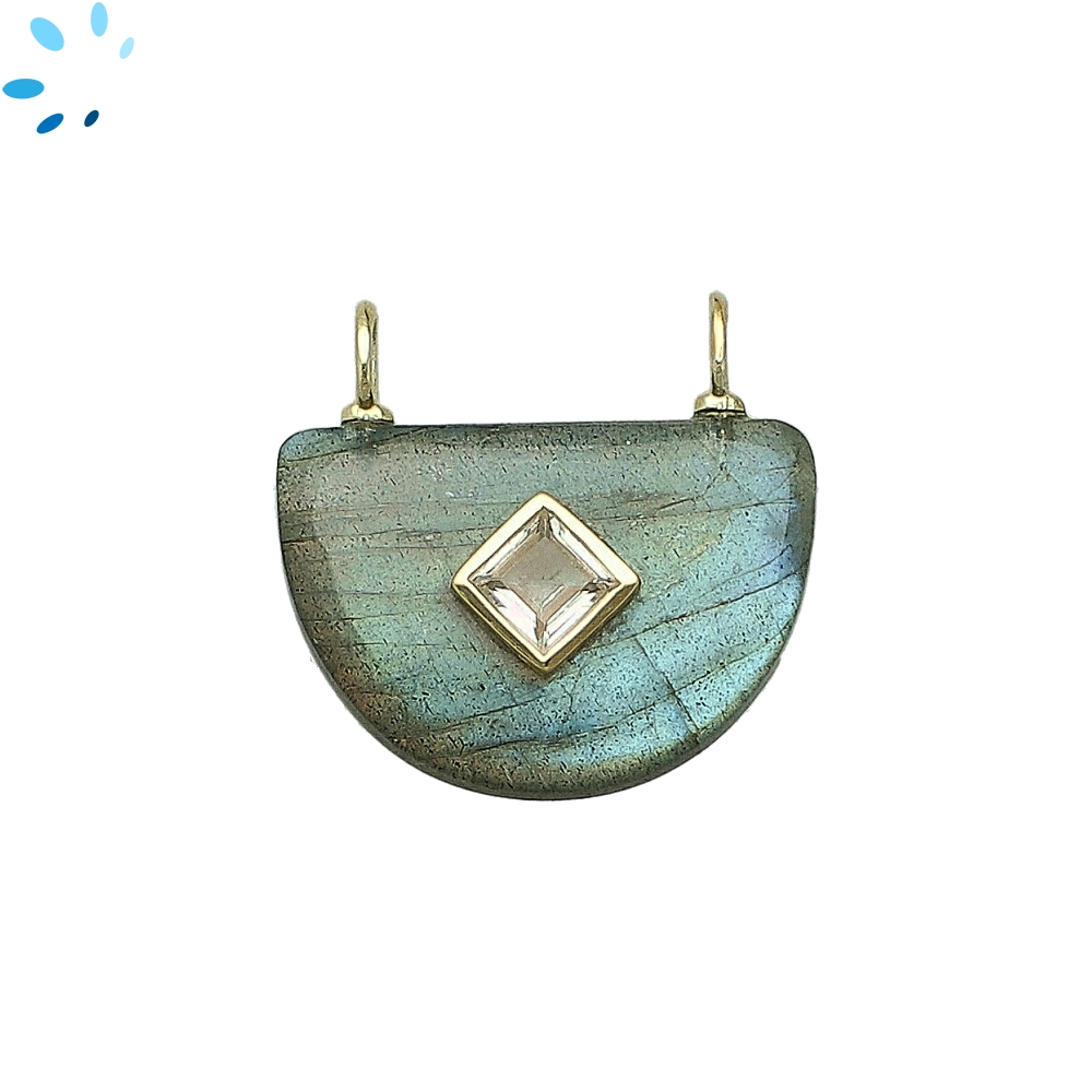 Labradorite & White Topaz Fancy Shape Inlay Charm Pendant 24x16mm - 18k Gold Plated Sterling Silver