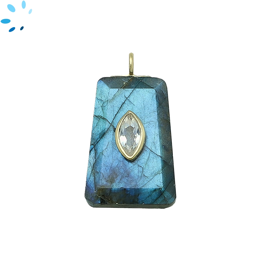 Labradorite & White Topaz Fancy Shape Inlay Pendant Charm 24x16mm - 18k Gold Plated Sterling Silver