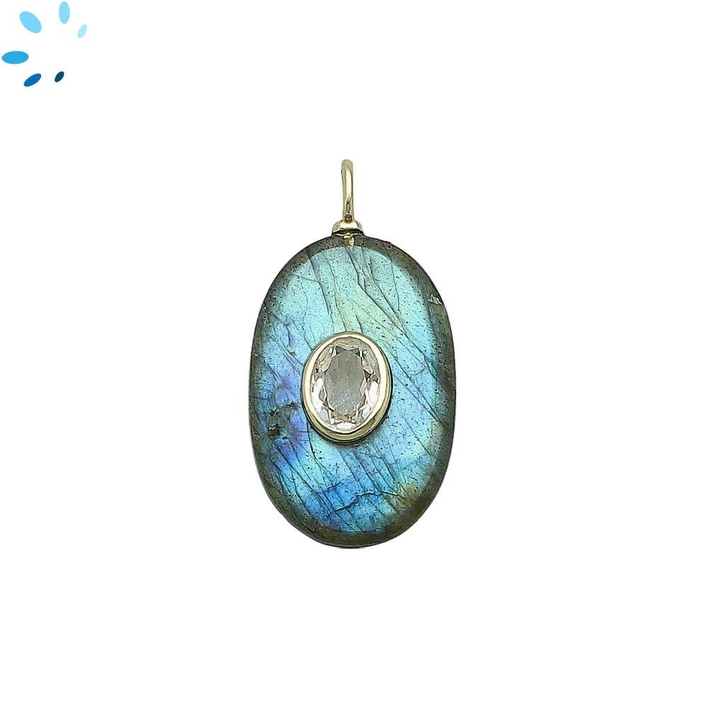 Labradorite & White Topaz Oval Inlay Charm Pendant 22x15mm - 18k Gold Plated Sterling Silver