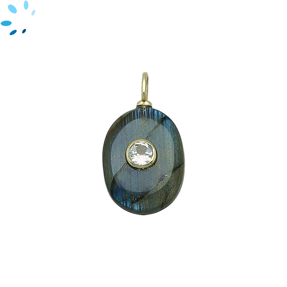 Labradorite & White Topaz Oval Inlay Pendant Charm 17x13mm - 18k Gold Plated Sterling Silver