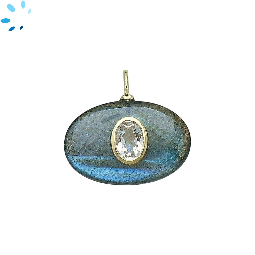 Labradorite & White Topaz Oval Inlay Pendant Charm 22x15mm - 18k Gold Plated Sterling Silver