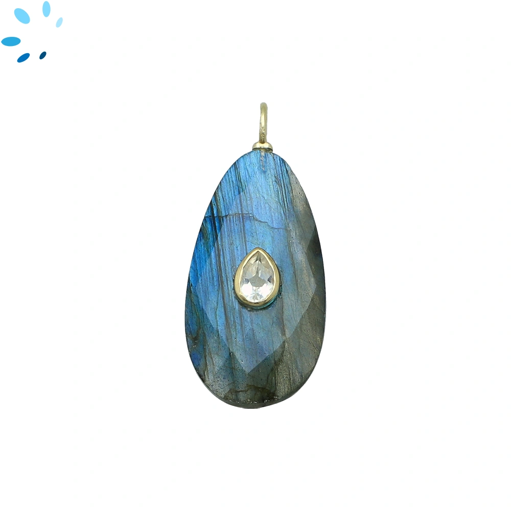 Labradorite & White Topaz Pear Inlay Pendant Charm 31x16mm - 18k Gold Plated Sterling Silver - 1 Piece
