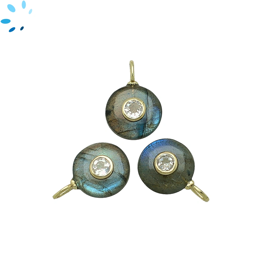 Labradorite & White Topaz Round Inlay Charm Pendant 12mm - 18k Gold Plated Sterling Silver - 1 Piece