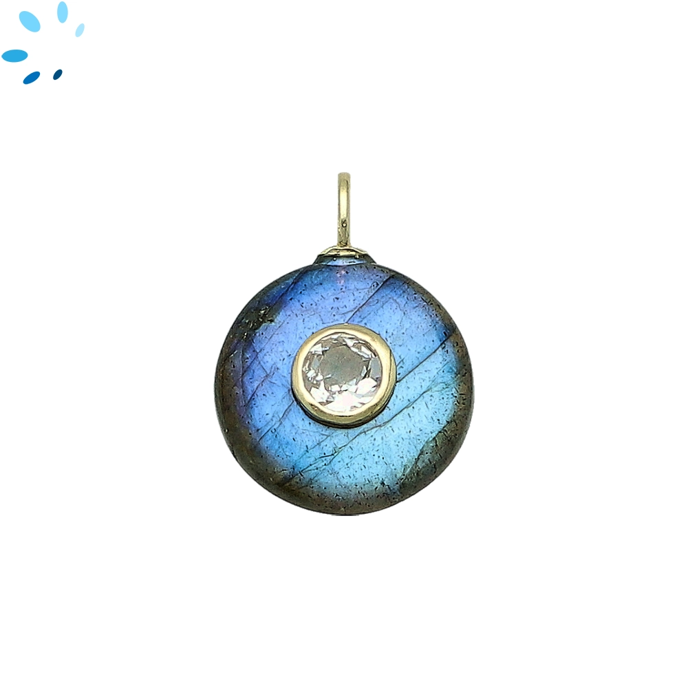 Labradorite & White Topaz Round Inlay Pendant Charm 16mm - 18k Gold Plated Sterling Silver