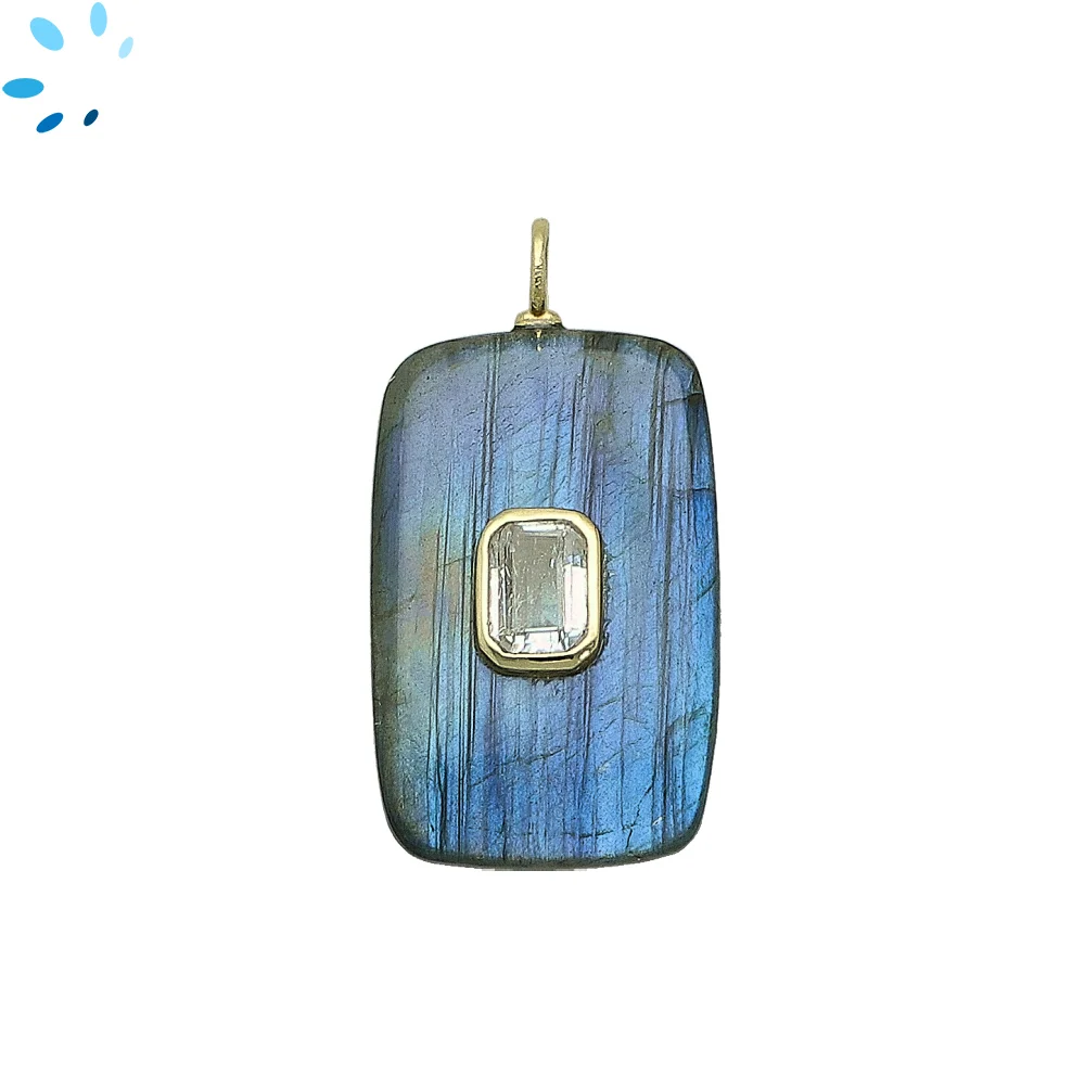 Labradorite & White Topaz Slab Rectangle Inlay Pendant Charm 28x18mm - 18k Gold Plated Sterling Silver 1 Piece
