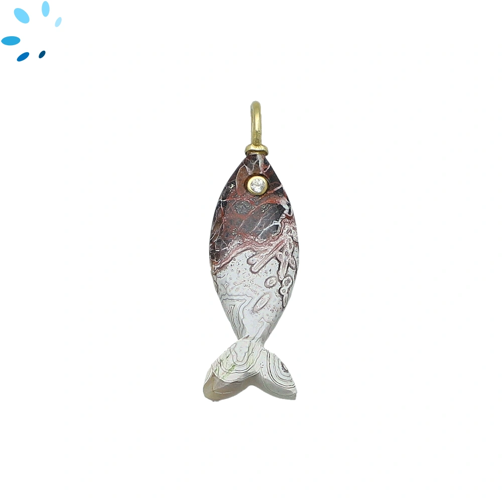 Laguna Lace Agate & White Topaz Vertical Elongated Fish Inlay Pendant Charm 25x9mm - 18k Gold Plated Sterling Silver