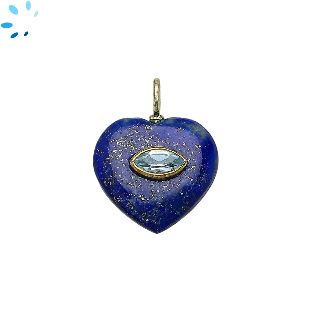 Lapis & Blue Topaz Heart Inlay Pendant Charm 19mm - 18k Gold Plated Sterling Silver