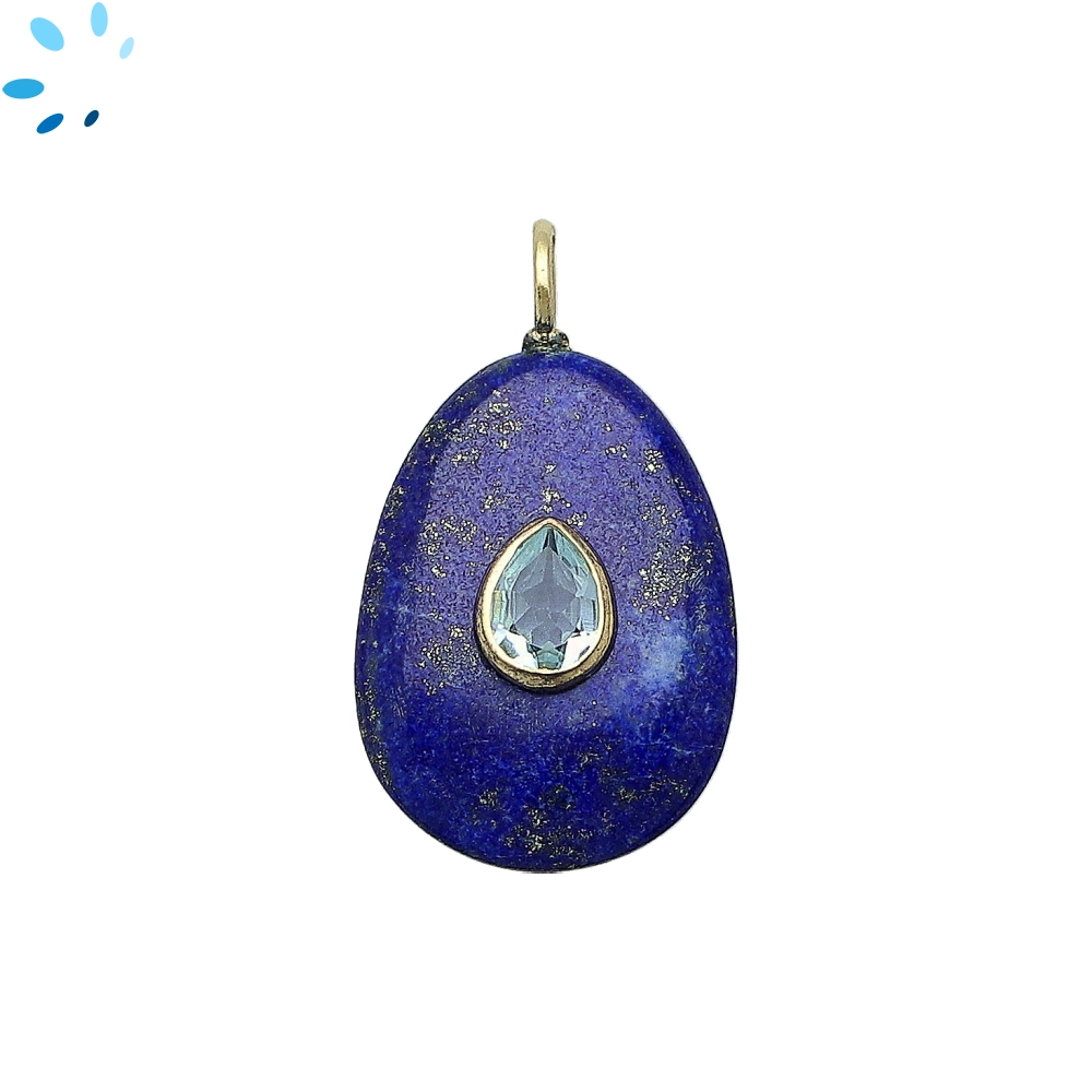 Lapis & Blue Topaz Pear Inlay Charm Pendant 27x20mm - 18k Gold Plated Sterling Silver
