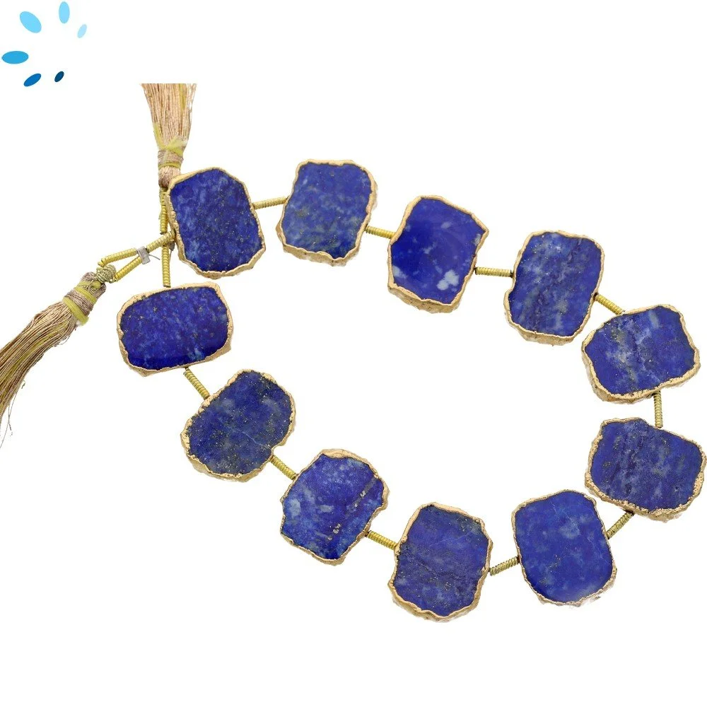 Lapis Center Drilled Slice Beads 15x11 - 17x13mm - 18k Gold Electroplated