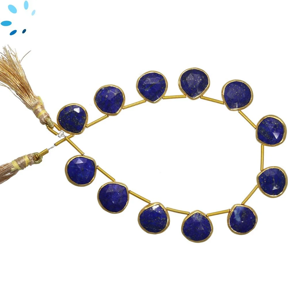 Lapis Faceted Heart Bezel Set Beads 12mm Top Drilled - 18k Gold Plated Sterling Silver
