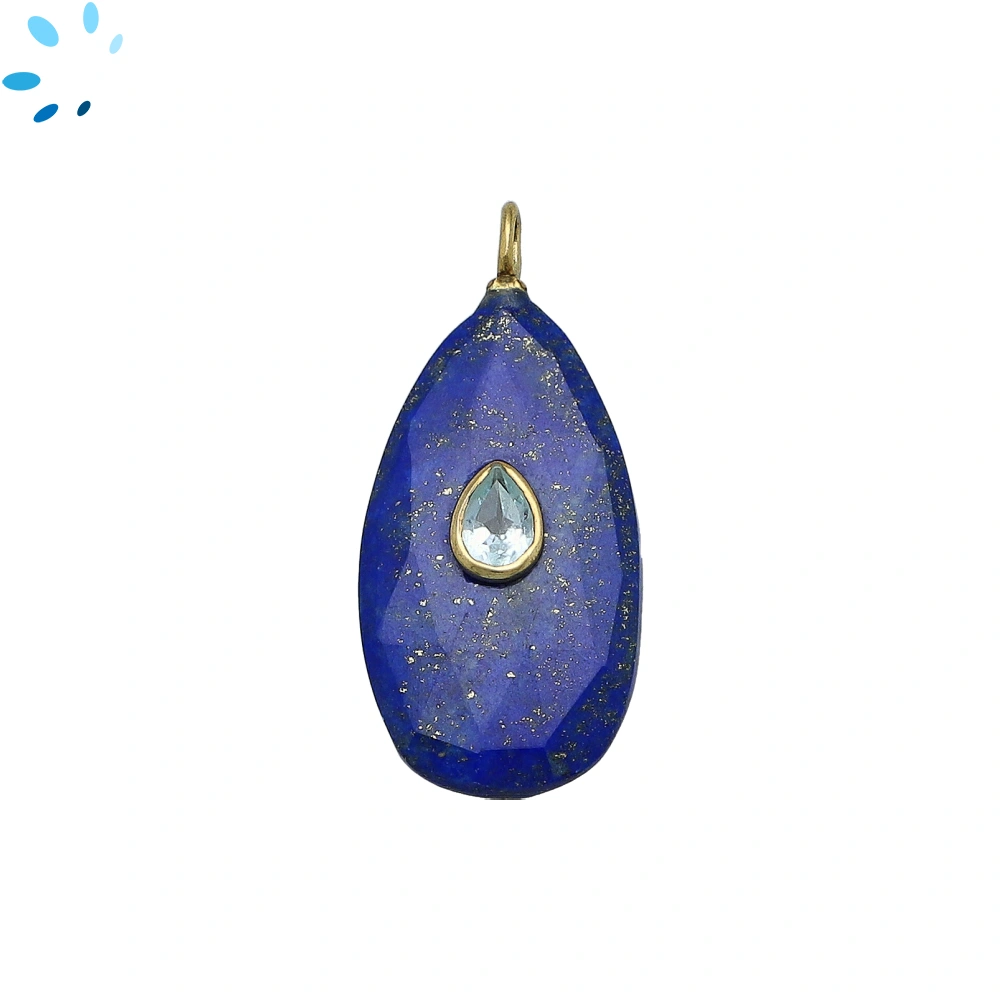 Lapis Lazuli & Blue Topaz Pear Inlay Pendant Charm 29x16mm - 18k Gold Plated Sterling Silver - 1 Piece
