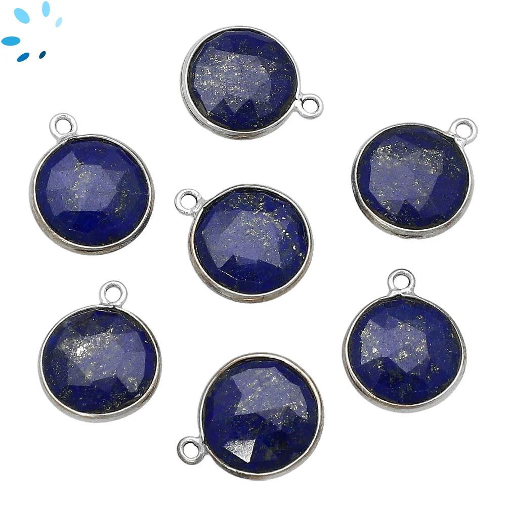 Lapis Lazuli Coin Bezel Pendant Charm 12mm - Platinum Plated Sterling Silver - Set of 4