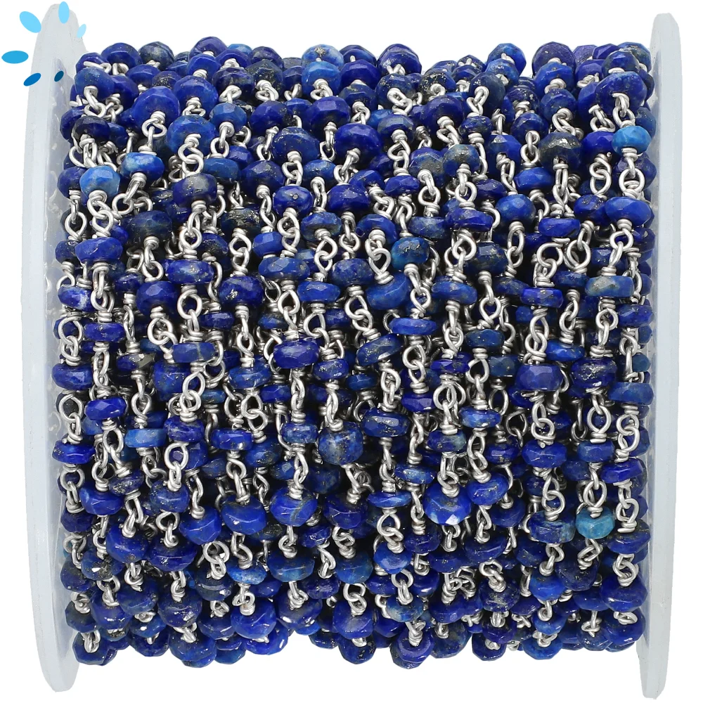 Lapis Lazuli Faceted Button 3.5mm Sterling Silver Rosary Style Beaded Chain Per Foot