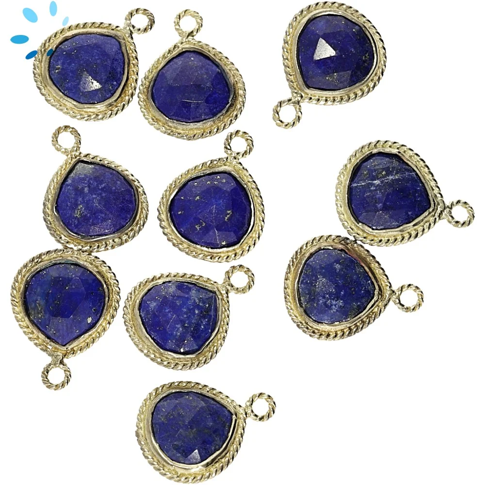 Lapis Lazuli Heart Twisted Wire Bezel Pendant Charm 10mm - 18k Gold Plated Sterling Silver - Set of 4