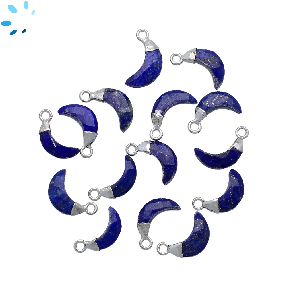 Lapis Lazuli Moon Pendant Charm 9x3mm Silver Electroplated - Set of 4
