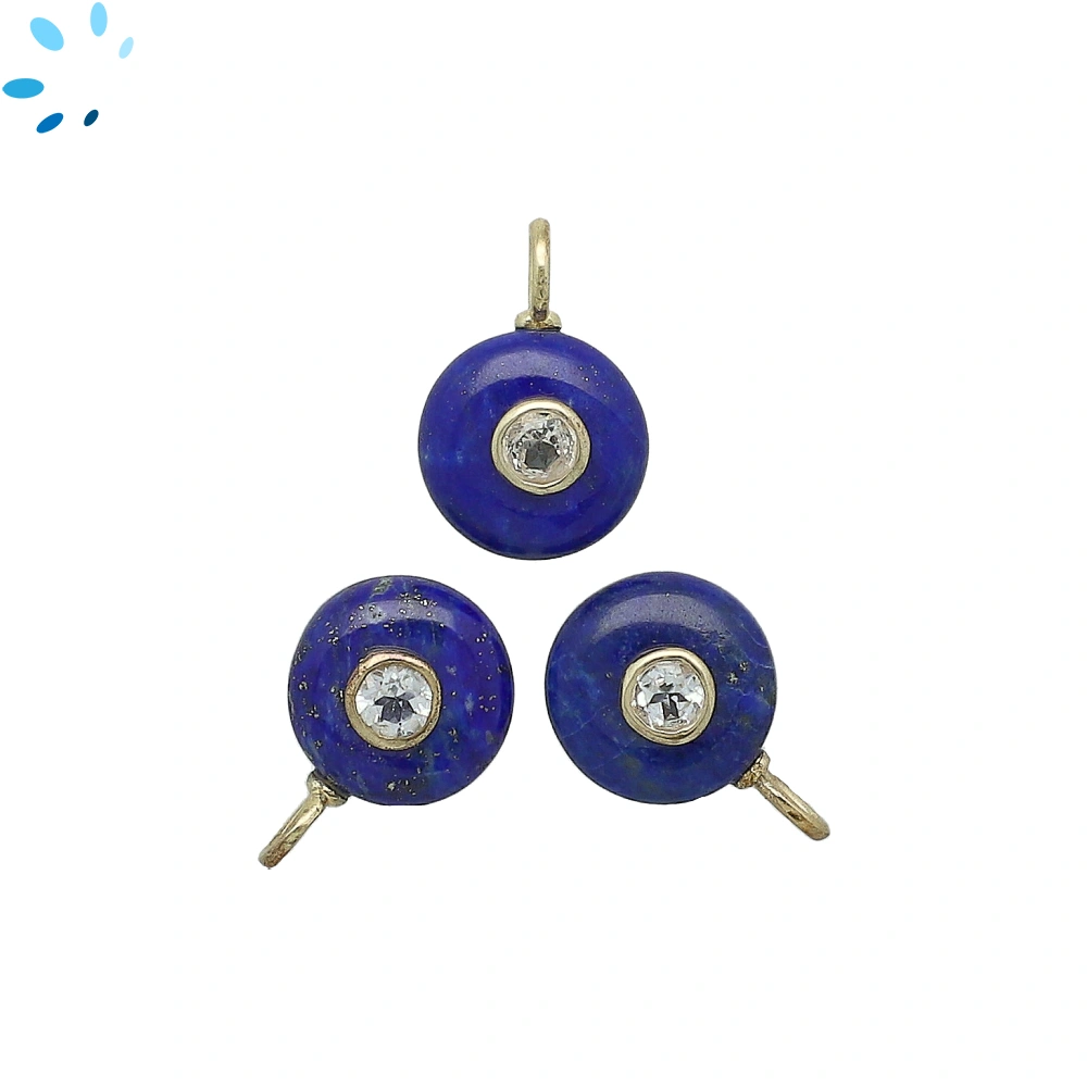 Lapis Lazuli & White Topaz Round Inlay Charm Pendant 12mm - 18k Gold Plated Sterling Silver - 1 Piece