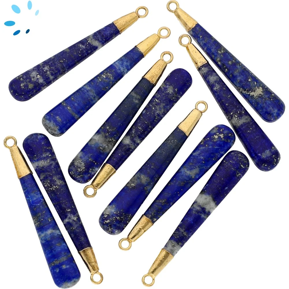 Lapis Long Drop Charm Pendant 39x6 - 41x6mm 18k Gold Electroplated - Set of 2