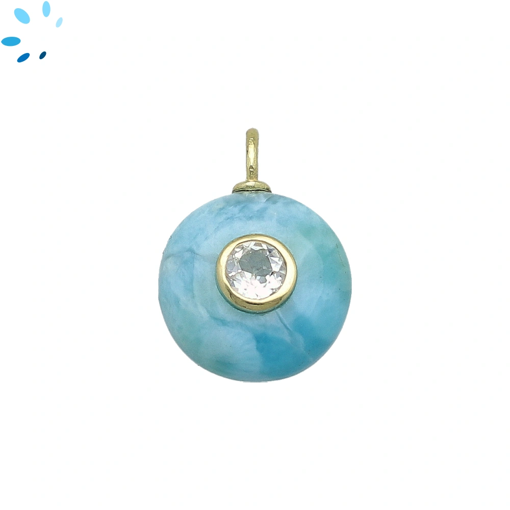 Larimar & White Topaz Round Inlay Charm Pendant 16mm - 18k Gold Plated Sterling Silver - 1 Piece
