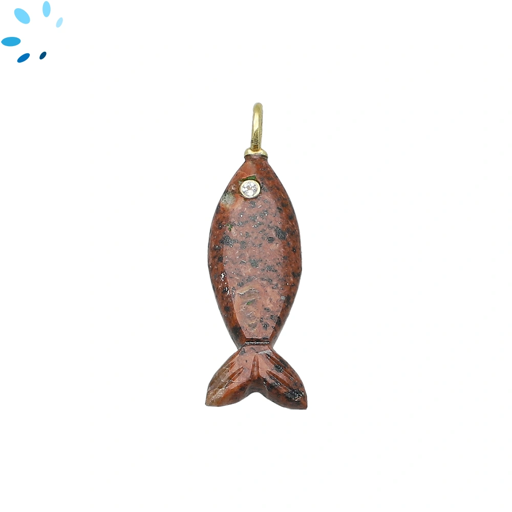 Leopardskin Jasper & White Topaz Vertical Elongated Fish Inlay Pendant Charm 25x9mm - 18k Gold Plated Sterling Silver