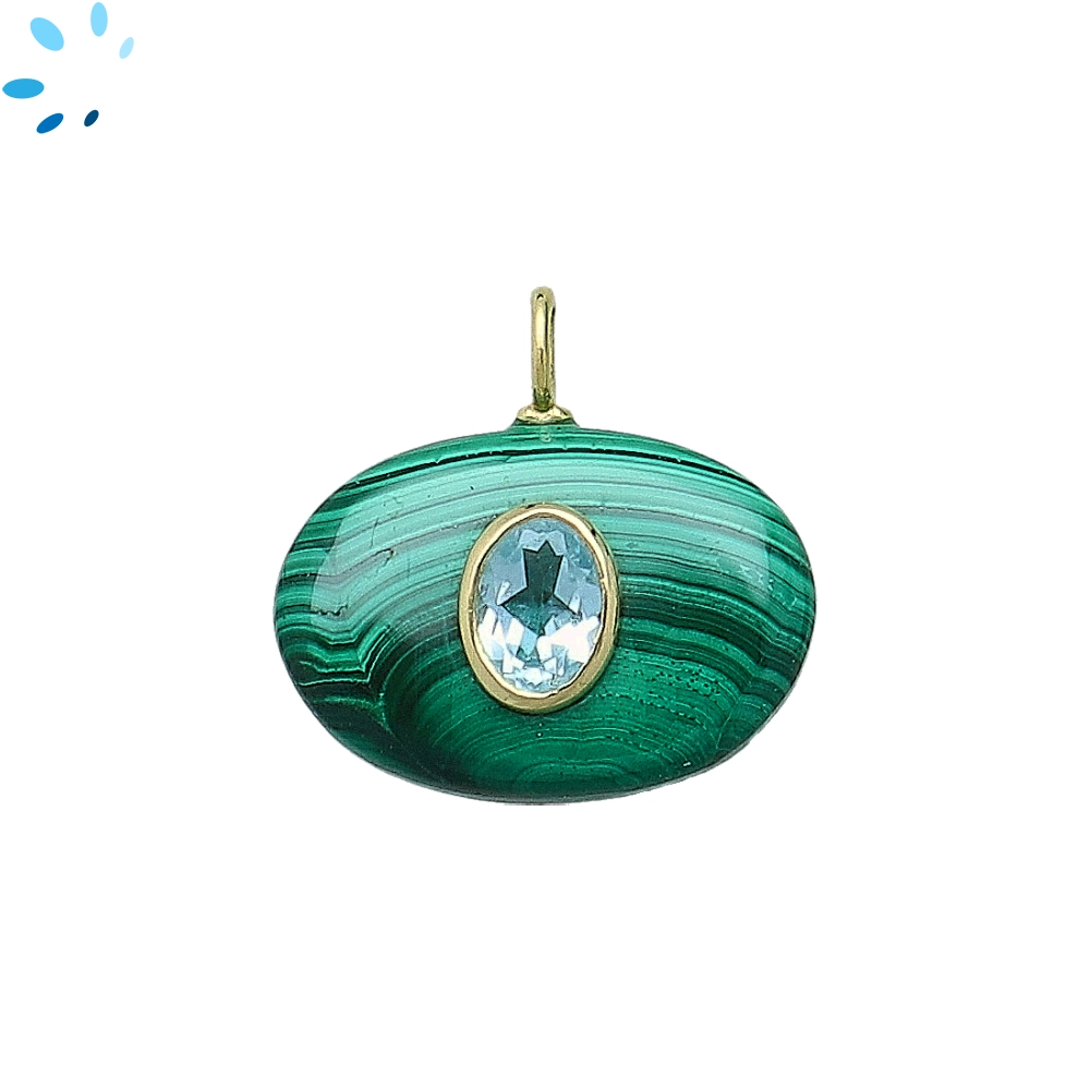 Malachite & Blue Topaz Oval Inlay Pendant Charm 21x15mm - 18k Gold Plated Sterling Silver