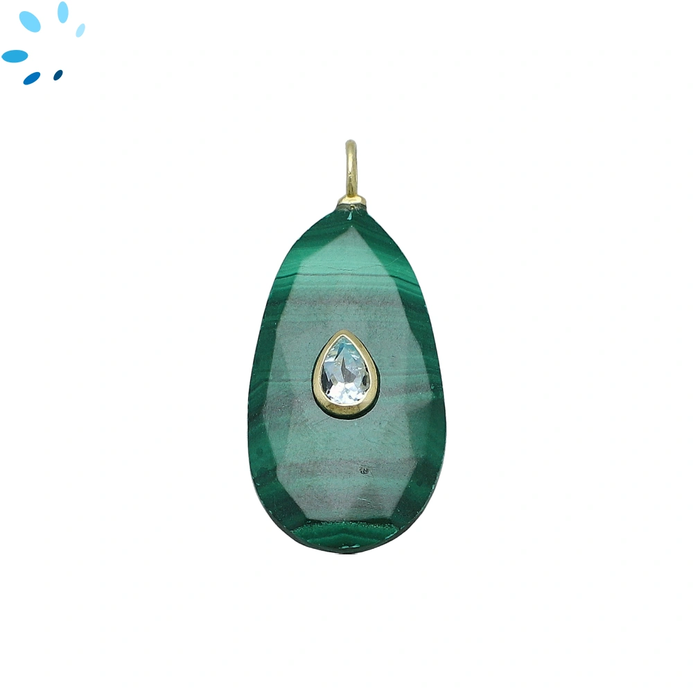 Malachite & Blue Topaz Pear Inlay Pendant Charm 29x16mm - 18k Gold Plated Sterling Silver - 1 Piece