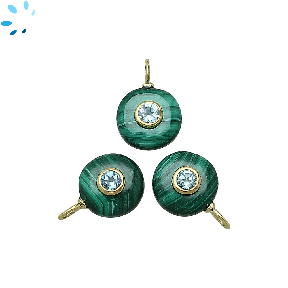 Malachite & Blue Topaz Round Inlay Charm Pendant 12mm - 18k Gold Plated Sterling Silver - 1 Piece