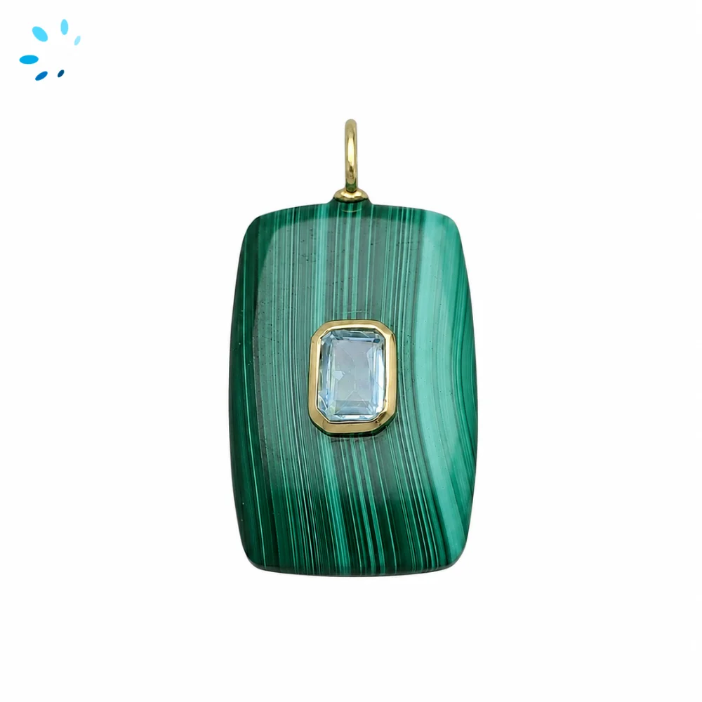 Malachite & Blue Topaz Slab Rectangle Inlay Pendant Charm 27x18mm - 18k Gold Plated Sterling Silver 1 Piece