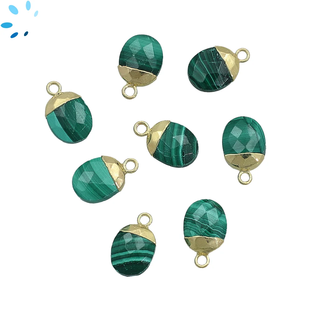 Malachite Oval Charm Pendant 10x8mm 18k Gold Electroplated - Set of 4