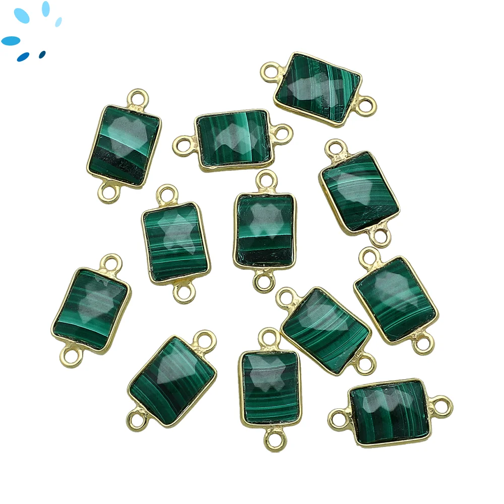 Malachite Rectangle Bezel Connector 11x9mm - 18k Gold Plated Sterling Silver - Set of 4