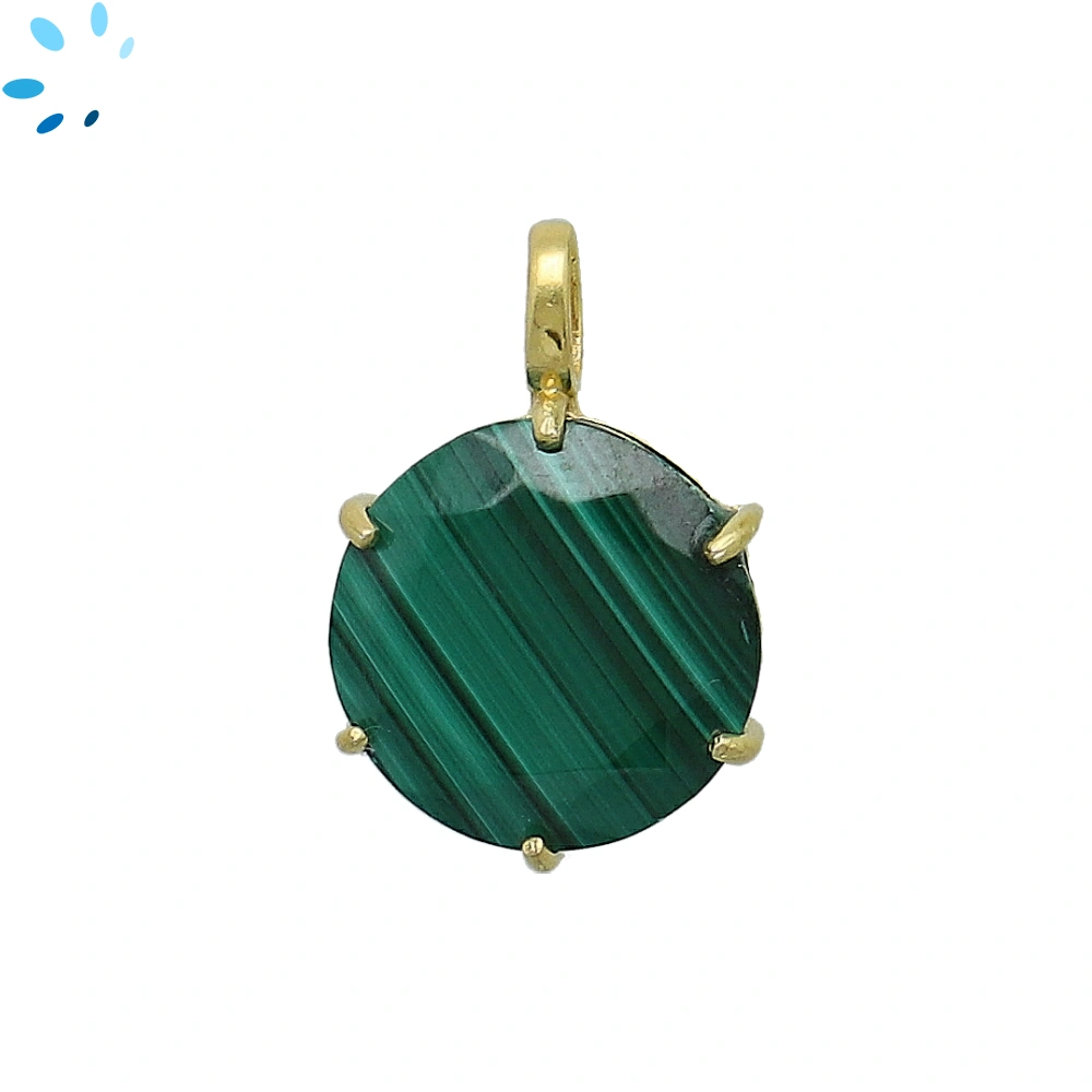 Malachite Round Prong-Set Pendant Charm 17mm - 18k Gold Plated Sterling Silver - 1 Piece