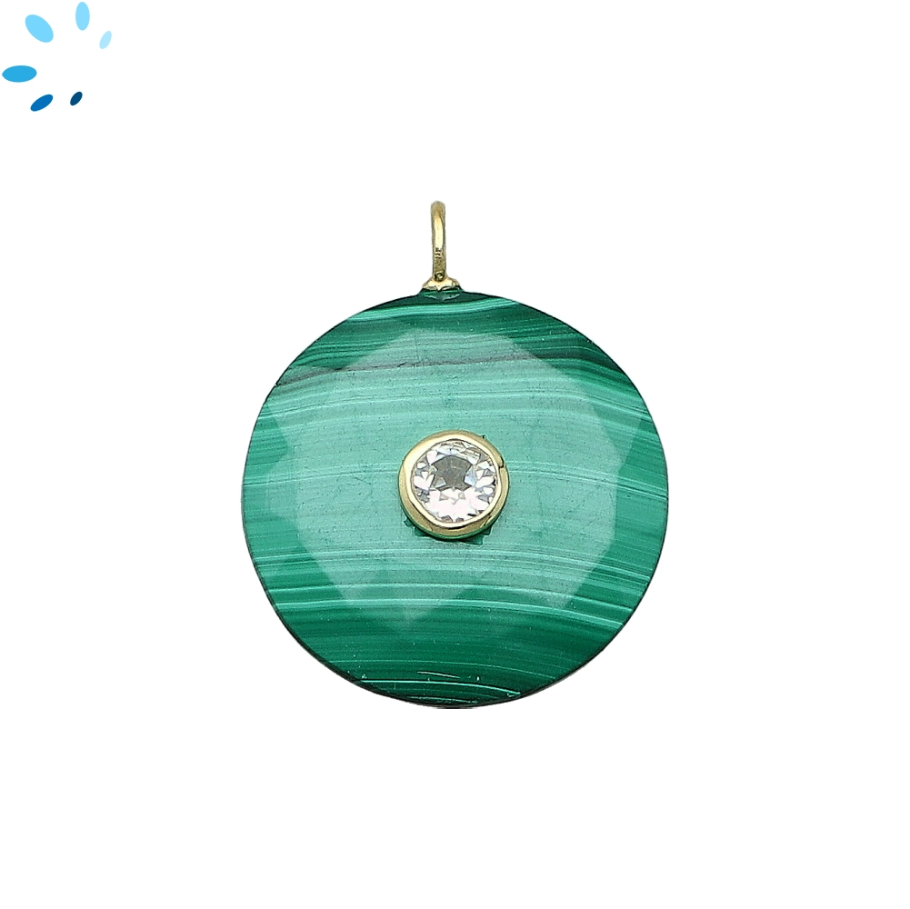 Malachite & White Topaz Coin Inlay Charm Pendant 25mm - 18k Gold Plated Sterling Silver