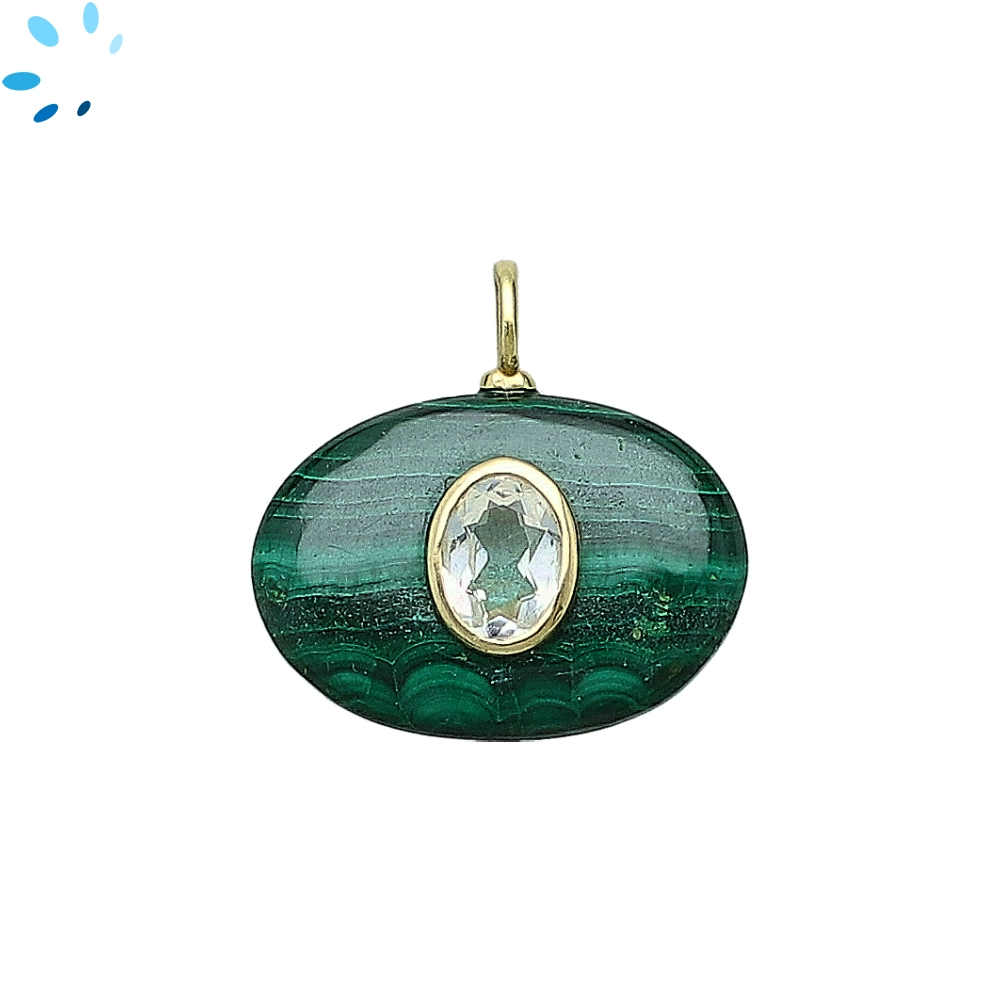 Malachite & White Topaz Oval Inlay Charm Pendant 21x15mm - 18k Gold Plated Sterling Silver