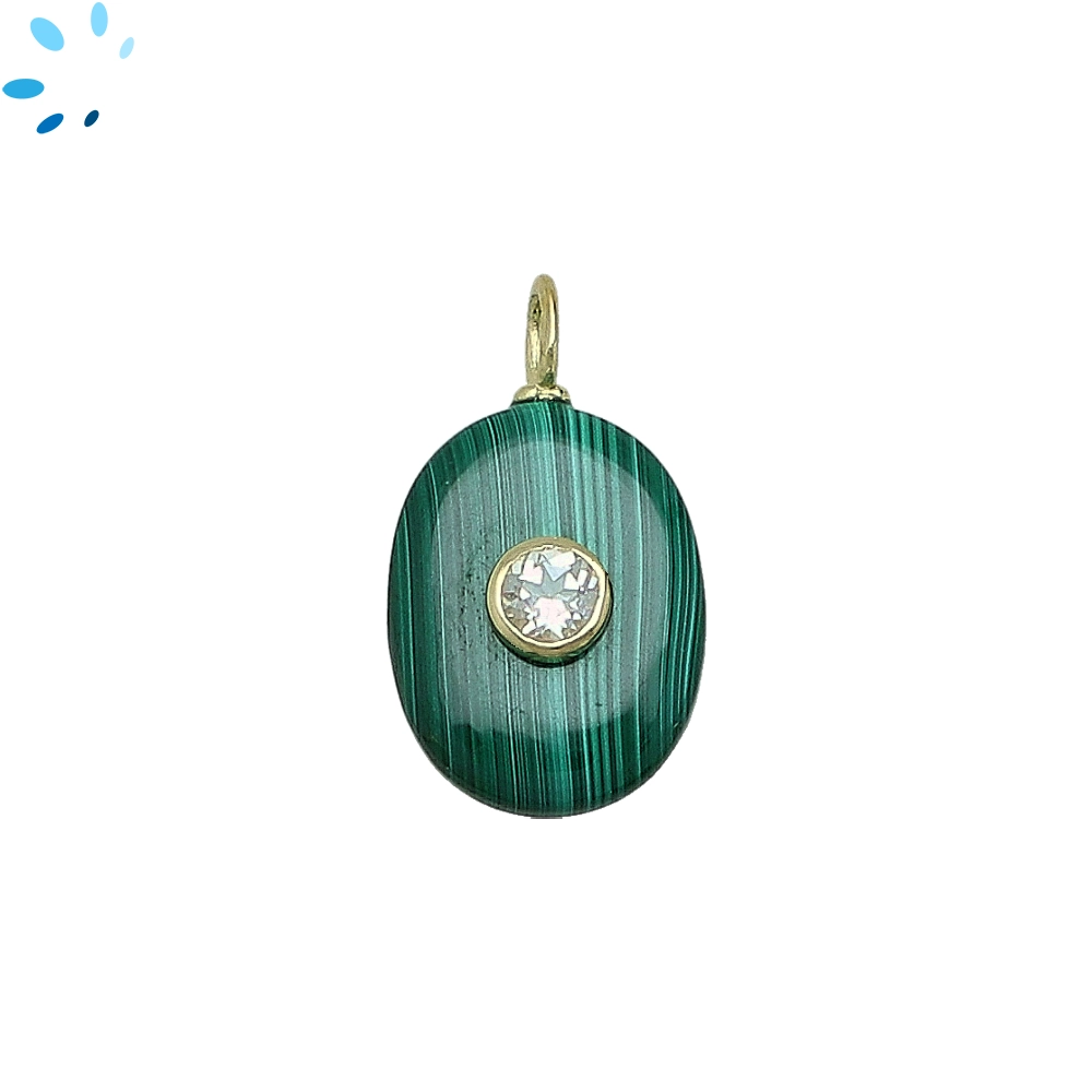 Malachite & White Topaz Oval Inlay Pendant Charm 17x13mm - 18k Gold Plated Sterling Silver