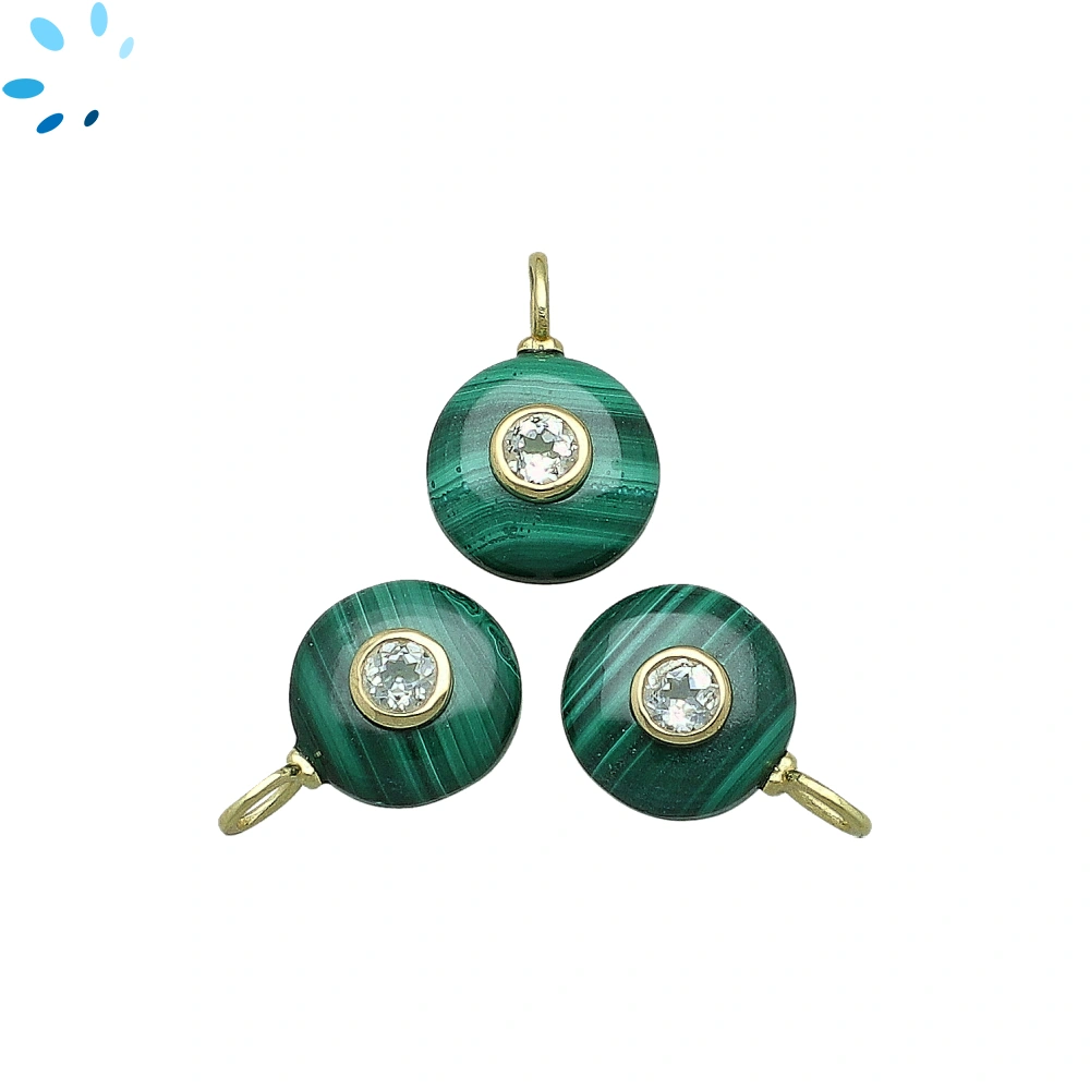 Malachite & White Topaz Round Inlay Charm Pendant 12mm - 18k Gold Plated Sterling Silver - 1 Piece