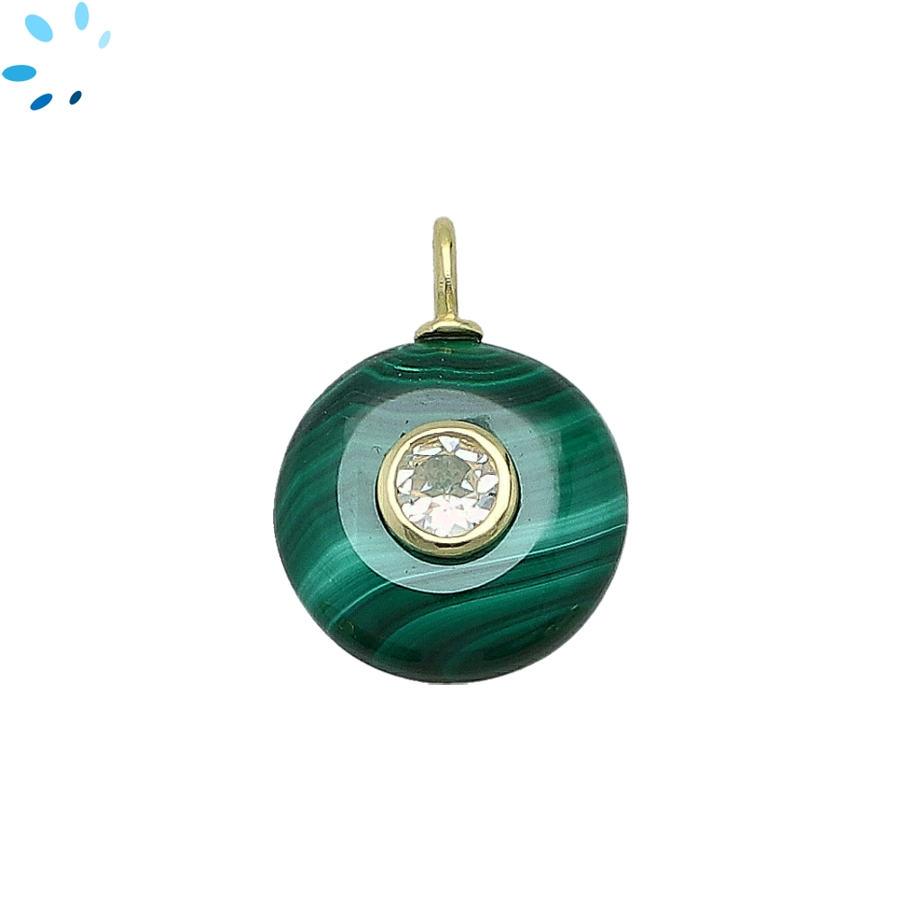 Malachite & White Topaz Round Inlay Pendant Charm 16mm - 18k Gold Plated Sterling Silver