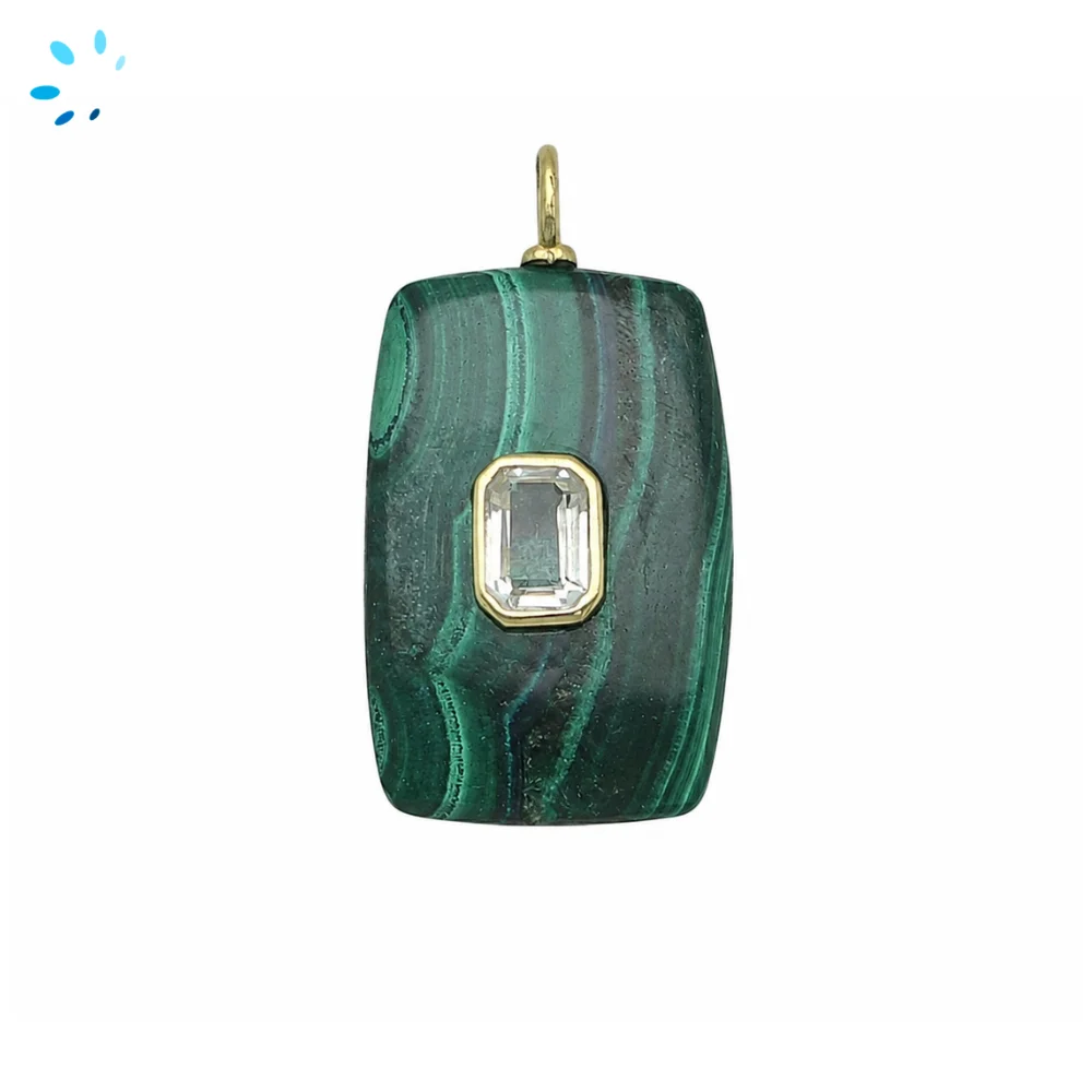 Malachite & White Topaz Slab Rectangle Inlay Pendant Charm 27x18mm - 18k Gold Plated Sterling Silver 1 Piece