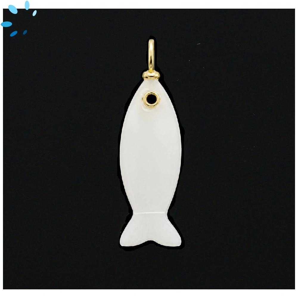 Milky Quartz & Black Spinel Vertical Elongated Fish Inlay Charm Pendant 25x9mm - 18k Gold Plated Sterling Silver - 1 Piece
